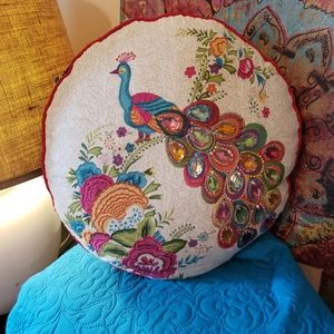 JEWELED, EMBROIDERED PEACOCK PILLOW
